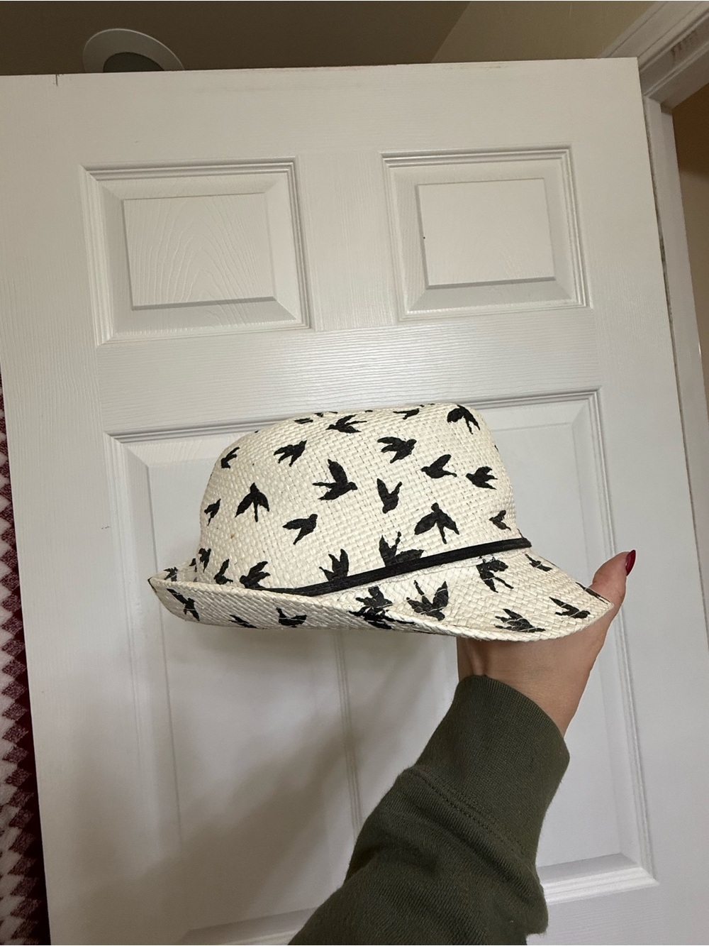 White Straw Hat with Black Bird Print